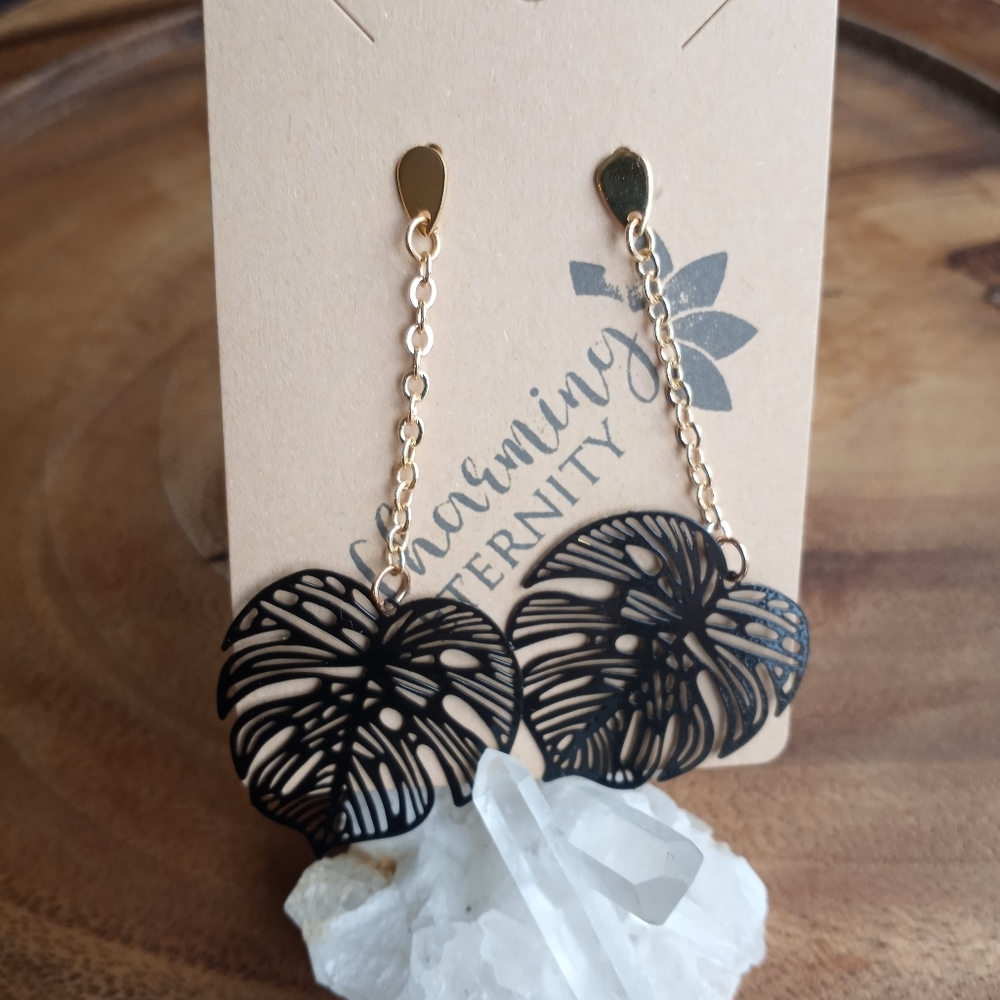Monstera Dangling Stud Earrings - One of a Kind, handmade.
